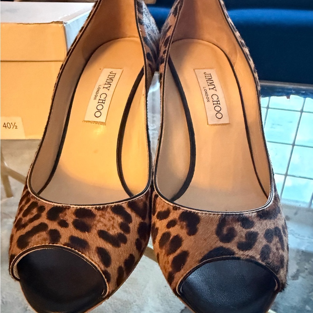 NWT Flawless Jimmy Choo Baxen Leopard Pony Hair Leather Wedges Heels 40.5 10.5